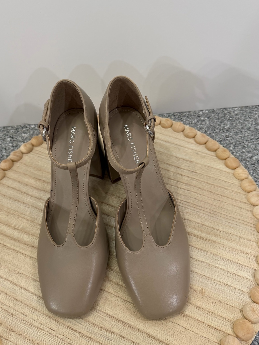 Marc Fisher Cyrene T-Strap Pumps Taupe Square Toe Block Heel Shoes 7M